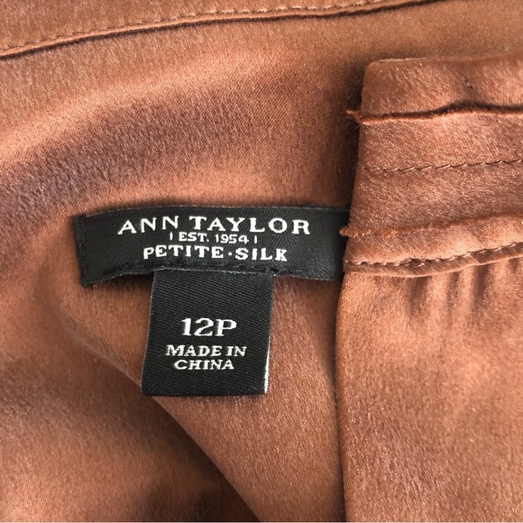 [Ann Taylor] Copper Silk Button Front Gathered Waist Drawstring Sleeve Dress - Picture 3 of 6
